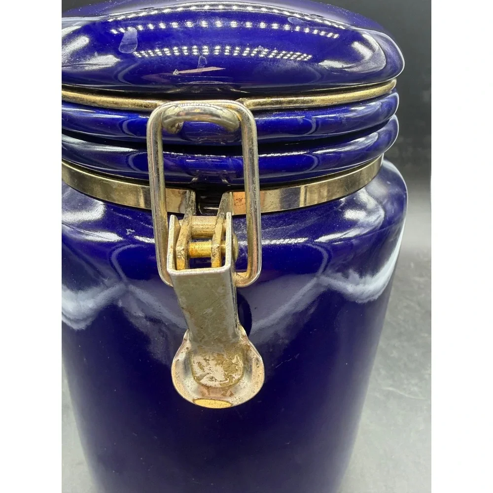 SAC Cobalt Blue Ceramic Canister Gold Tone Bale Flip Top Lid Airtight Jar